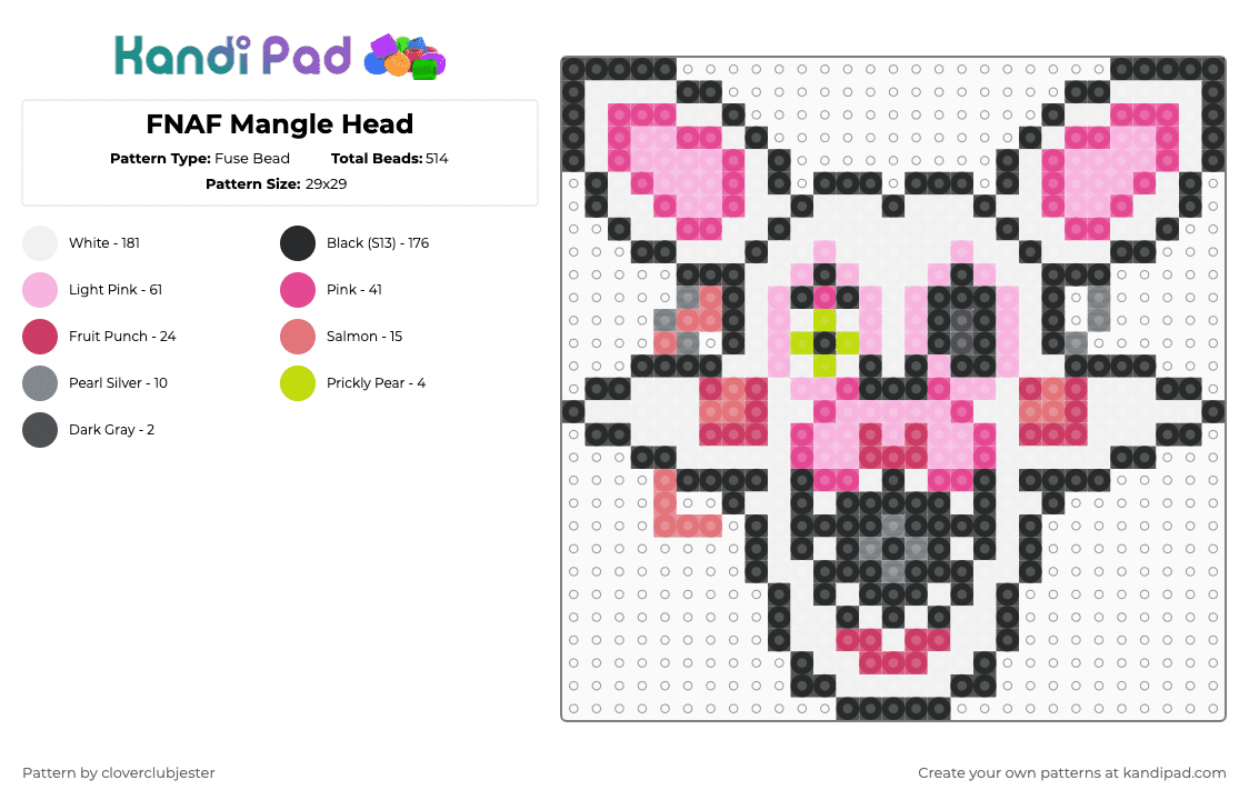 FNAF Mangle Head - Fuse Bead Pattern by cloverclubjester on Kandi Pad - white,pink