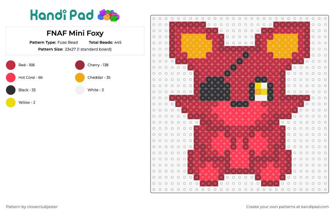 FNAF Mini Foxy - Fuse Bead Pattern by cloverclubjester on Kandi Pad - foxy,fnaf,five nights at freddys,video game,teddy,cute,eye patch,character,horror,red