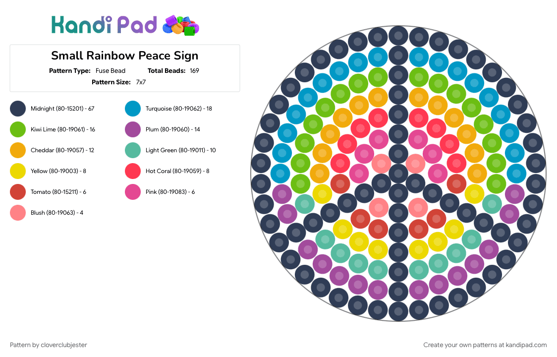 Small Rainbow Peace Sign - Fuse Bead Pattern by cloverclubjester on Kandi Pad - pink, purple