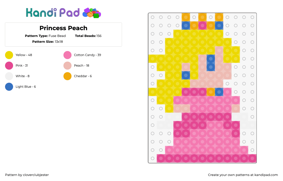 Princess Peach - Fuse Bead Pattern by cloverclubjester on Kandi Pad - peach,princess,mario,character,nintendo,blonde,video game,crown,dress,pink,yello