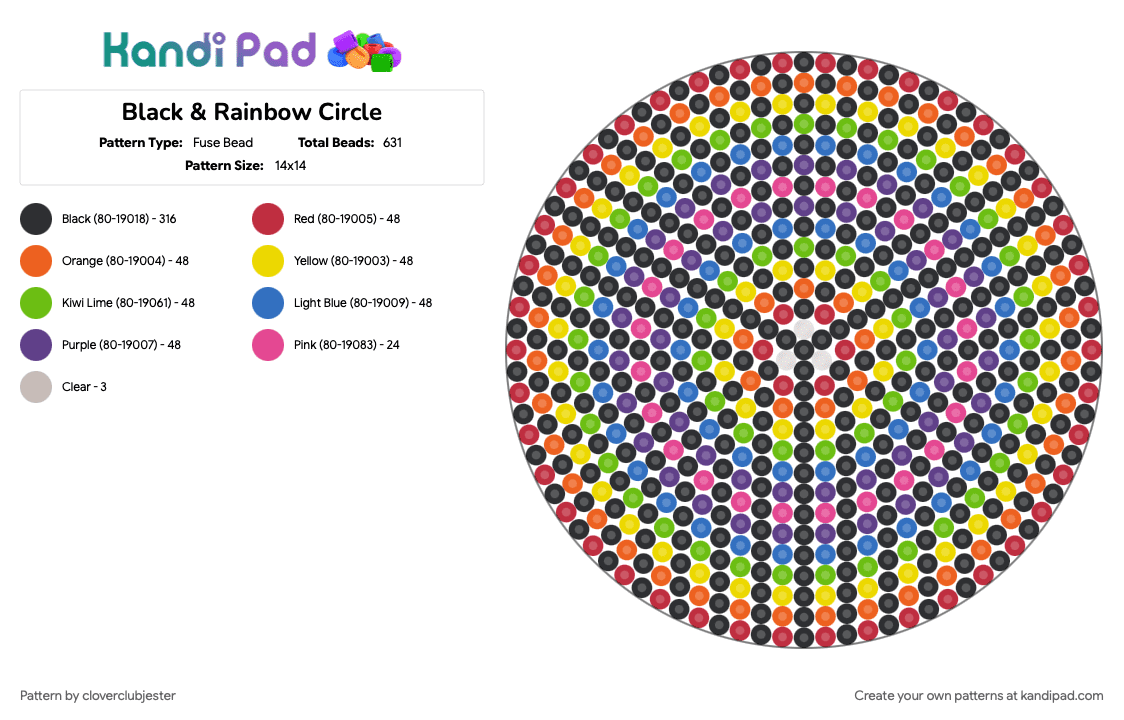 Black & Rainbow Circle - Fuse Bead Pattern by cloverclubjester on Kandi Pad - black, colorful, green, orange, purple