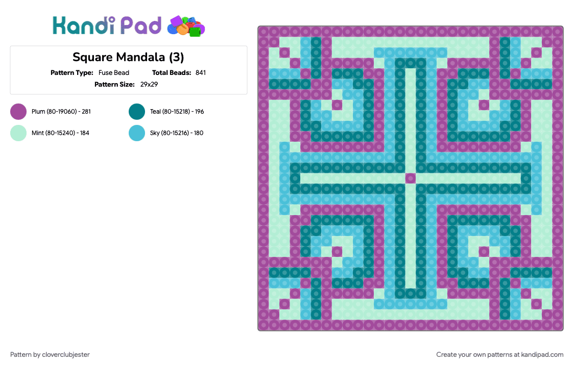 Square Mandala (3) - Fuse Bead Pattern by cloverclubjester on Kandi Pad - light blue, pink