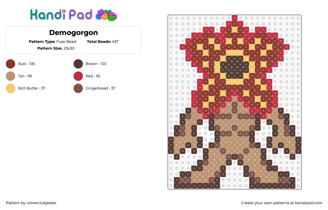 Demogorgon - Fuse Bead Pattern by cloverclubjester on Kandi Pad - demogorgon,stranger things,monster,creature,tv show,scary,spooky,brown,red