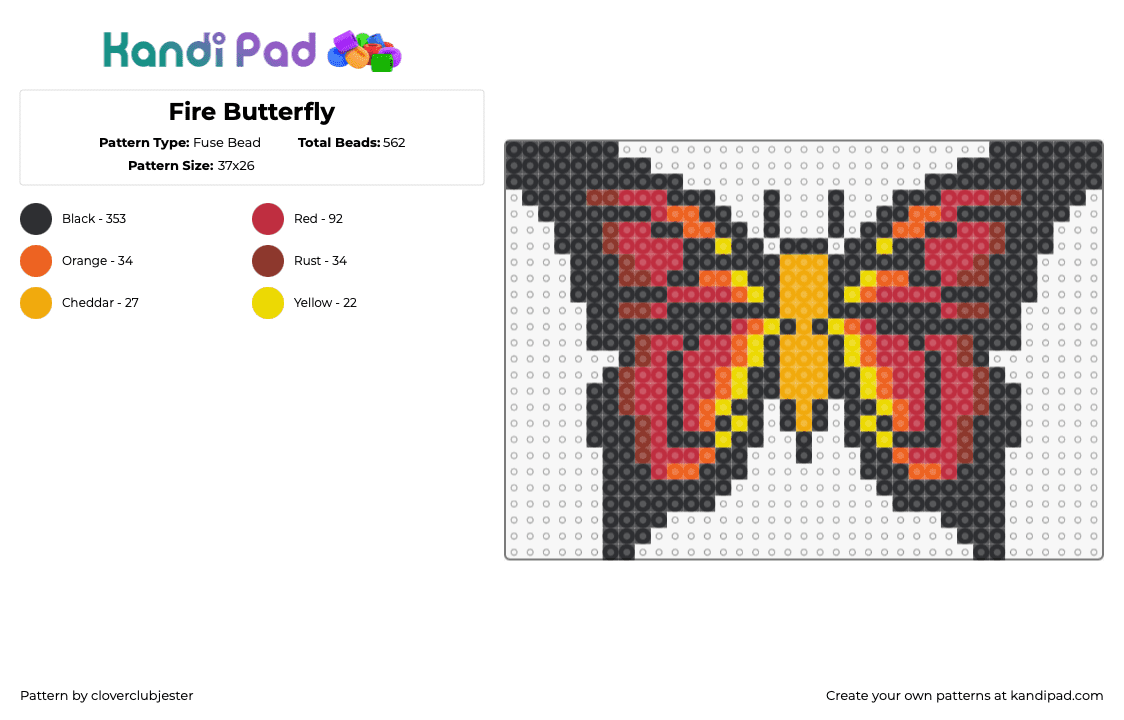 Fire Butterfly - Fuse Bead Pattern by cloverclubjester on Kandi Pad - butterfly,insect,winged,fiery,orange,red,black