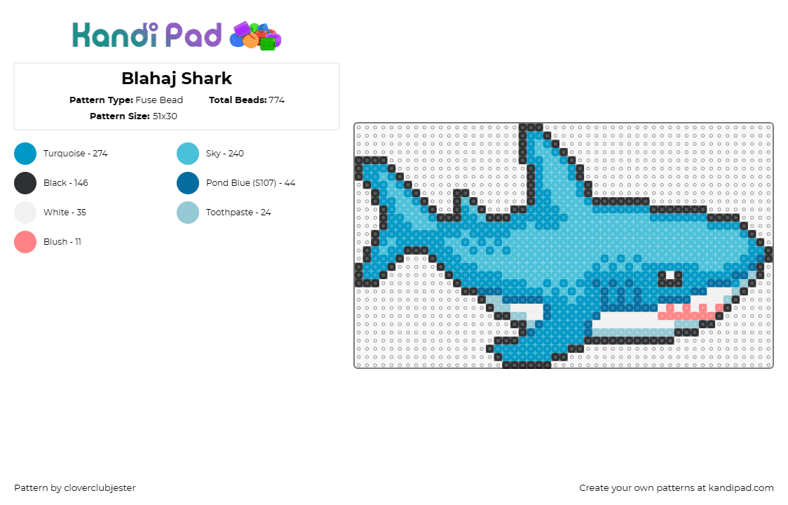 Blahaj Shark - Fuse Bead Pattern by cloverclubjester on Kandi Pad - blahaj,shark,ikea,fish,animal,teal,light blue