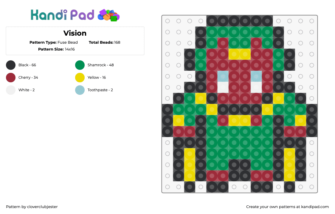 Vision - Fuse Bead Pattern by cloverclubjester on Kandi Pad - vision,superhero,marvel,character,comic,green,red,yellow