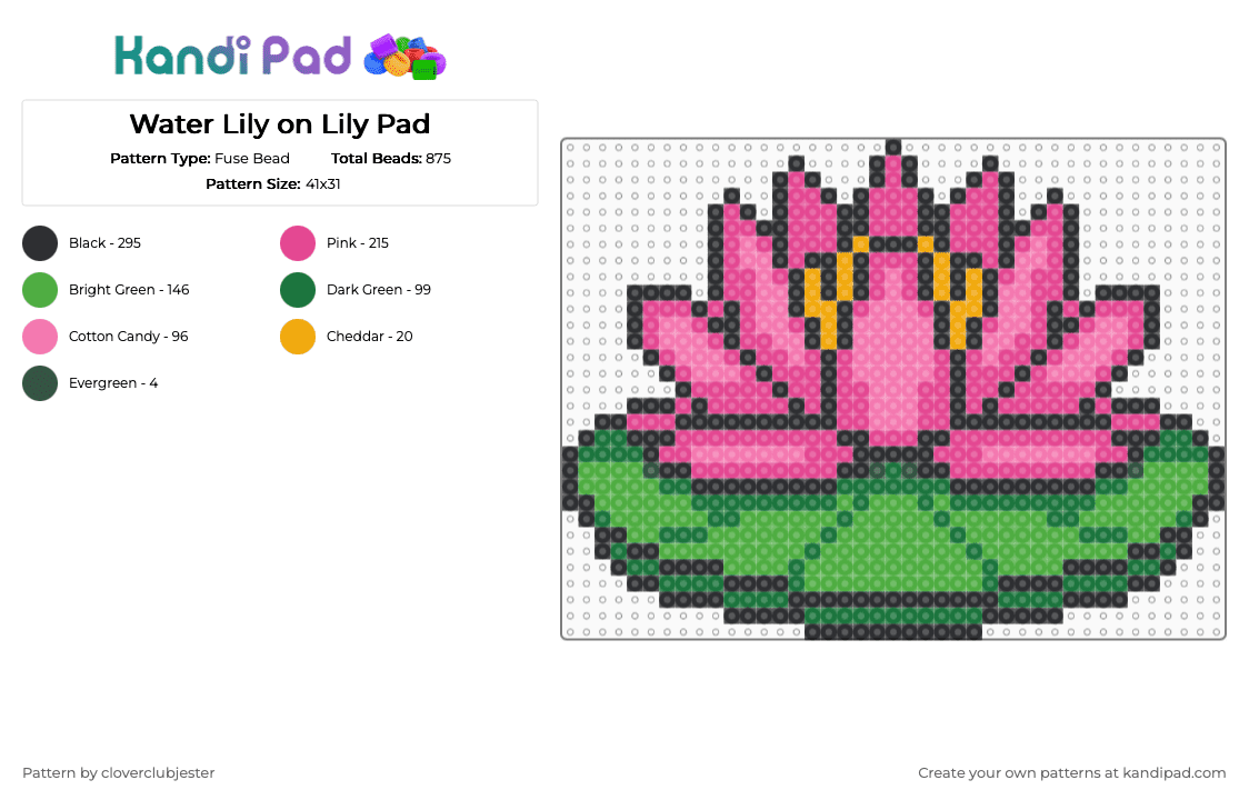 Water Lily on Lily Pad - Fuse Bead Pattern by cloverclubjester on Kandi Pad - green,pink