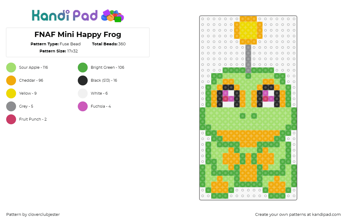 FNAF Mini Happy Frog - Fuse Bead Pattern by cloverclubjester on Kandi Pad - happy frog,fnaf,five nights at freddys,video game,cute,horror,green,orange