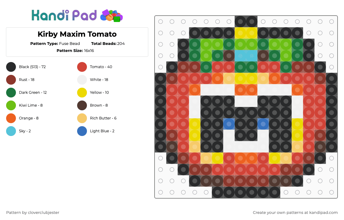 Kirby Maxim Tomato - Fuse Bead Pattern by cloverclubjester on Kandi Pad - green,yellow,red
