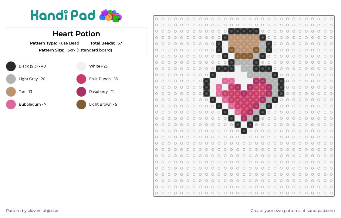Heart Potion - Fuse Bead Pattern by cloverclubjester on Kandi Pad - potion,heart,love,jar,vial,magic,cork,pink,tan