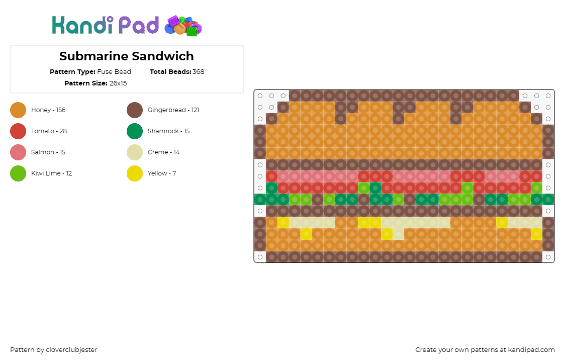 Submarine Sandwich - Fuse Bead Pattern by cloverclubjester on Kandi Pad - sandwich,sub,food,bread,tomato,lettuce,tan,red