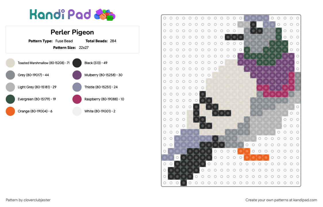 Pigeon - Fuse Bead Pattern by cloverclubjester on Kandi Pad - beige, gray