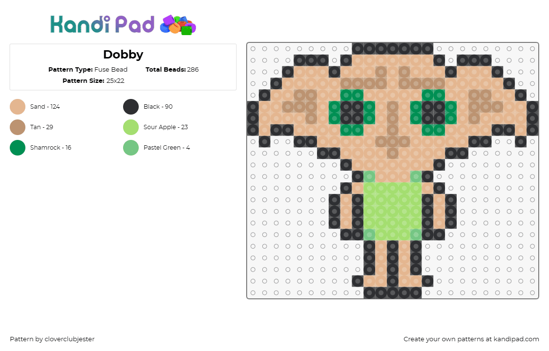 Dobby - Fuse Bead Pattern by cloverclubjester on Kandi Pad - dobby,harry potter,elf,character,book,movie,magic,tan,green