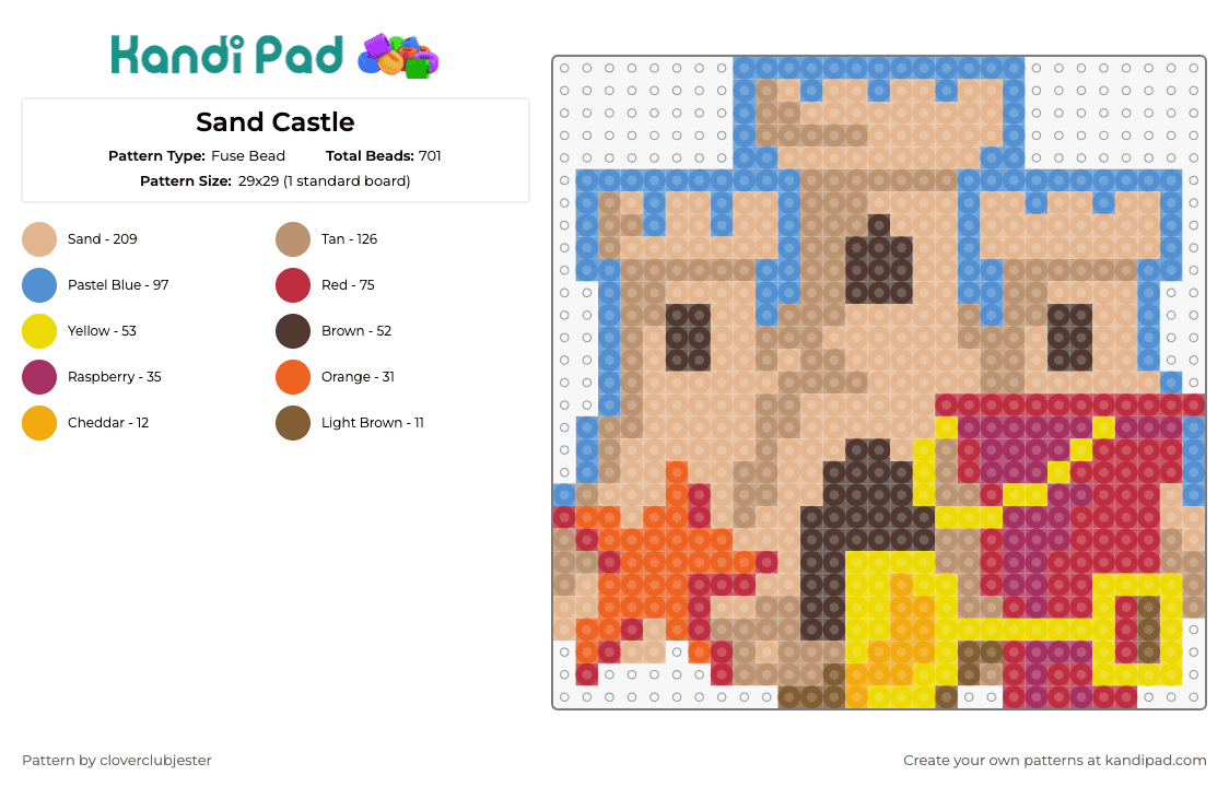 Sand Castle - Fuse Bead Pattern by cloverclubjester on Kandi Pad - castle,sand,beach,toys,shovel,bucket,starfish,summer,tan,red,yellow