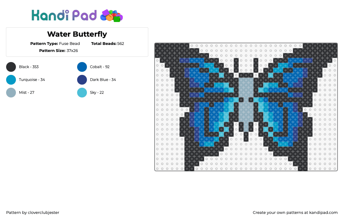 Water Butterfly - Fuse Bead Pattern by cloverclubjester on Kandi Pad - butterfly,insect,winged,blue,light blue,black