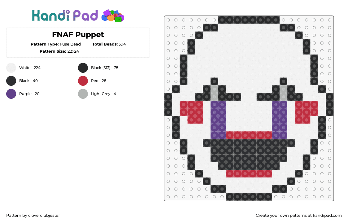 FNAF Puppet - Fuse Bead Pattern by cloverclubjester on Kandi Pad - puppet,fnaf,five nights at freddys,mask,face,video game,horror,white