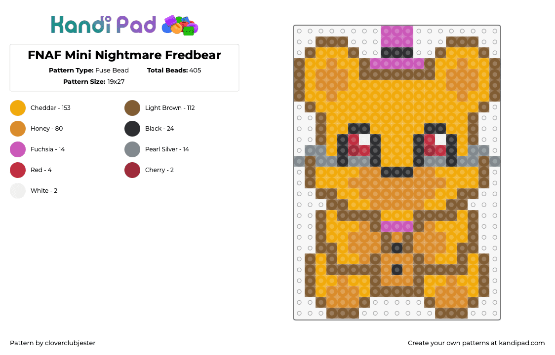 FNAF Mini Nightmare Fredbear - Fuse Bead Pattern by cloverclubjester on Kandi Pad - fredbear,freddy fazbear,fnaf,five nights at freddys,plush,character,orange