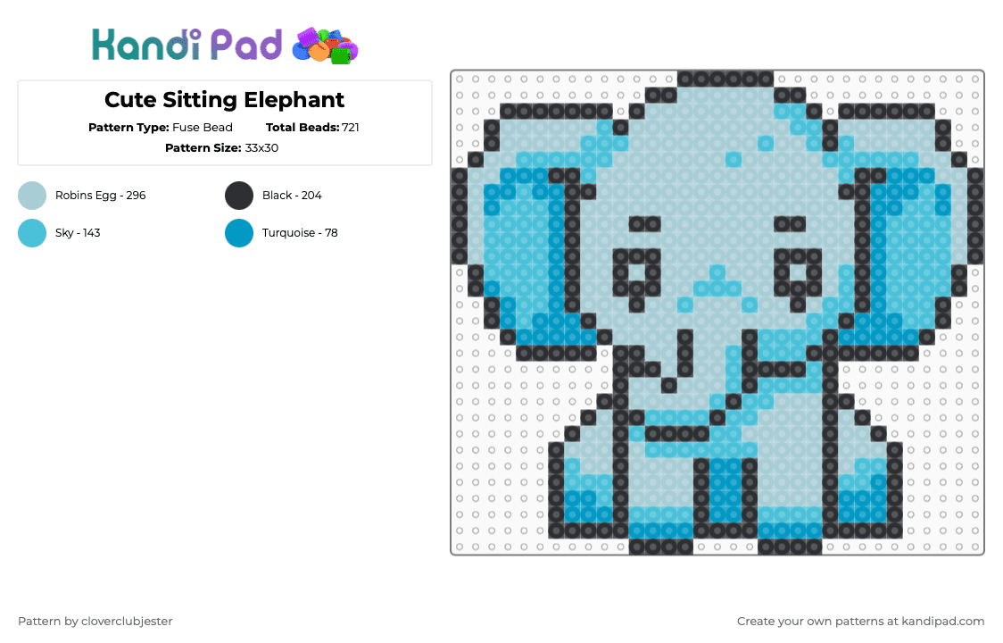 Cute Sitting Elephant - Fuse Bead Pattern by cloverclubjester on Kandi Pad - elephant,animal,cute,black,light blue