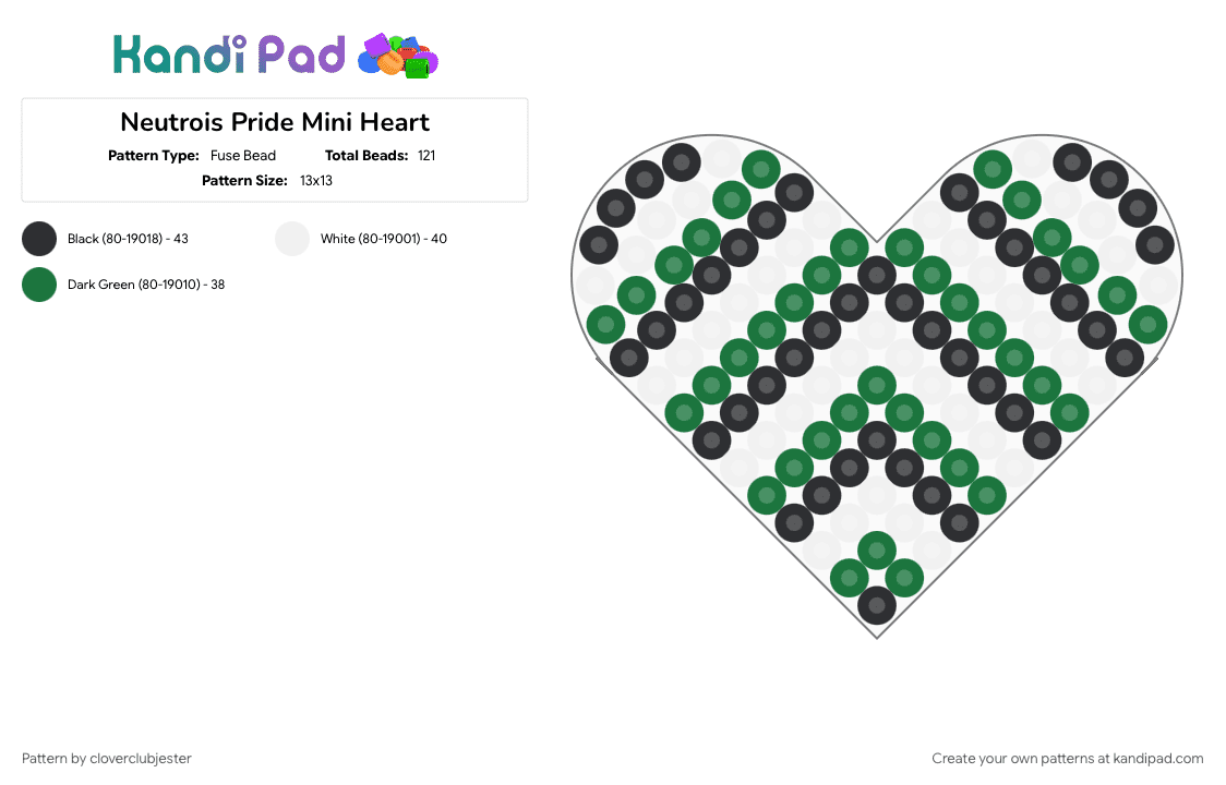 Neutrois Pride Mini Heart - Fuse Bead Pattern by cloverclubjester on Kandi Pad - green, white