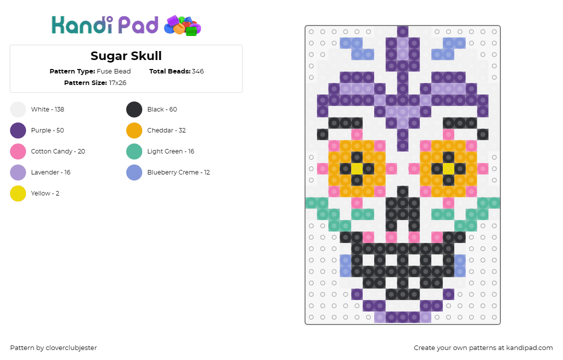 Sugar Skull - Fuse Bead Pattern by cloverclubjester on Kandi Pad - sugar skull,calavera,dead,colorful,celebration,eyes,party,white,orange,purple