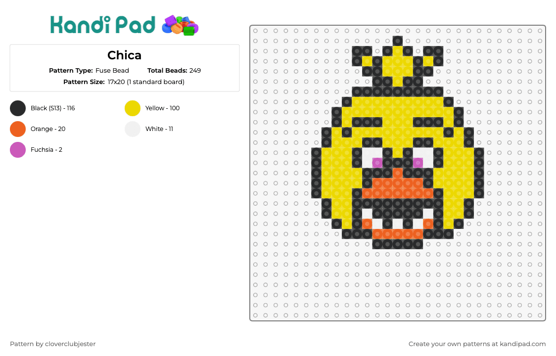 Chica - Fuse Bead Pattern by cloverclubjester on Kandi Pad - chica,fnaf,five nights at freddys,video game,character,horror,yellow,orange