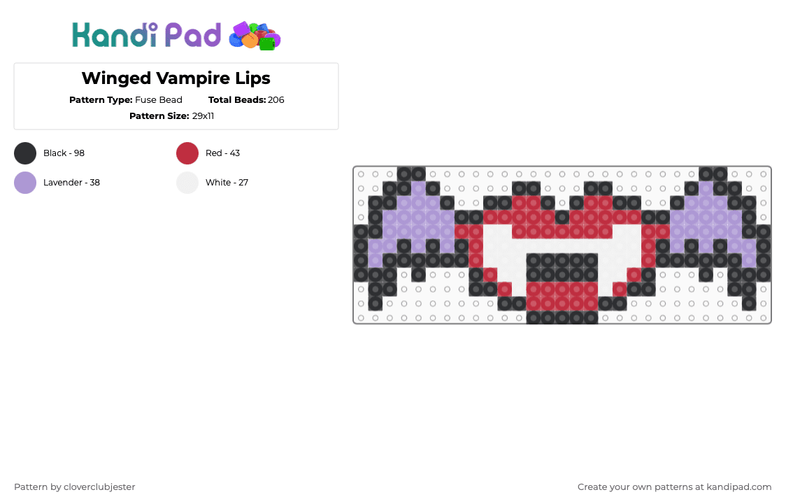 Winged Vampire Lips - Fuse Bead Pattern by cloverclubjester on Kandi Pad - red,pink