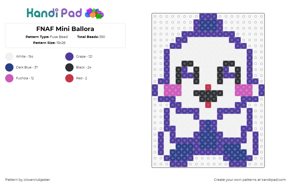 FNAF Mini Ballora - Fuse Bead Pattern by cloverclubjester on Kandi Pad - ballora,fnaf,five nights at freddys,video game,cute,horror,white,purple