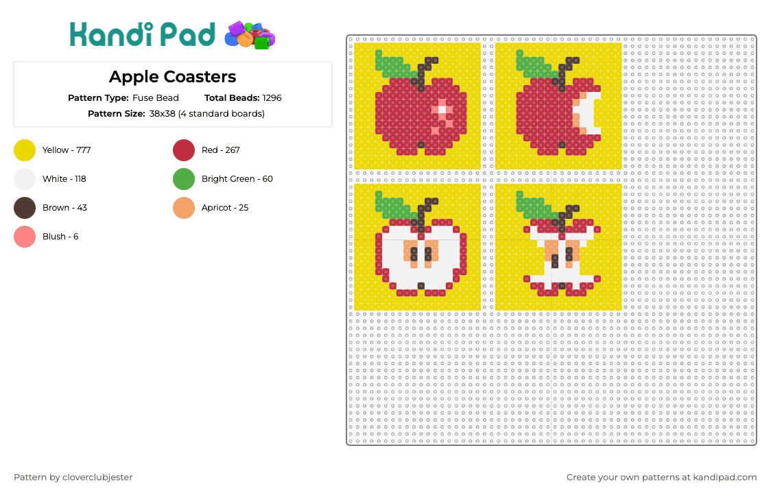 Apple Coasters - Fuse Bead Pattern by cloverclubjester on Kandi Pad - apple,fruit,coaster,food,bite,red,yellow,white