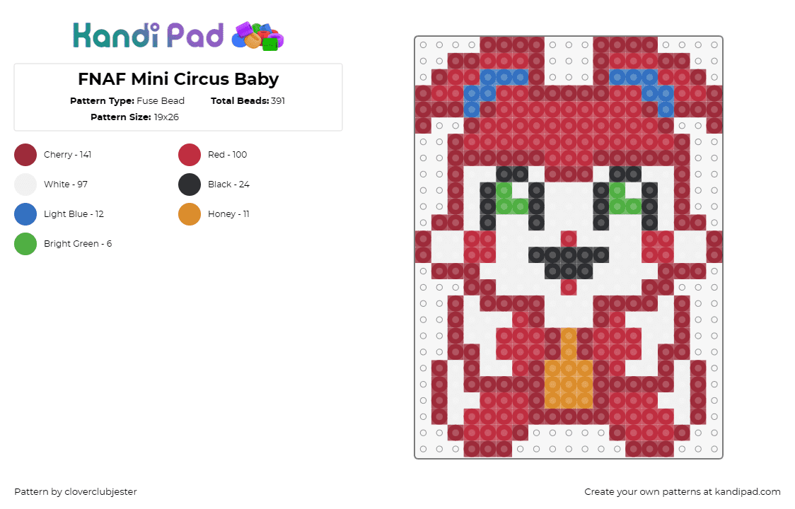 FNAF Mini Circus Baby - Fuse Bead Pattern by cloverclubjester on Kandi Pad - circus baby,fnaf,five nights at freddys,video game,cute,horror,white,red