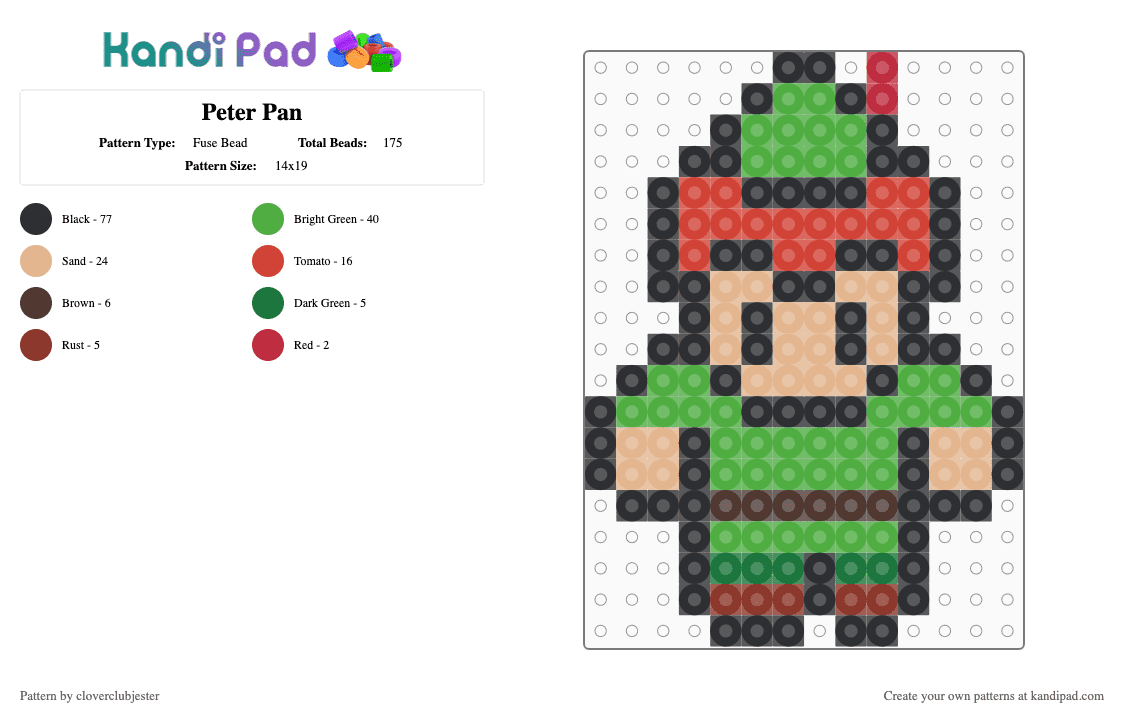 Peter Pan - Fuse Bead Pattern by cloverclubjester on Kandi Pad - beige,green