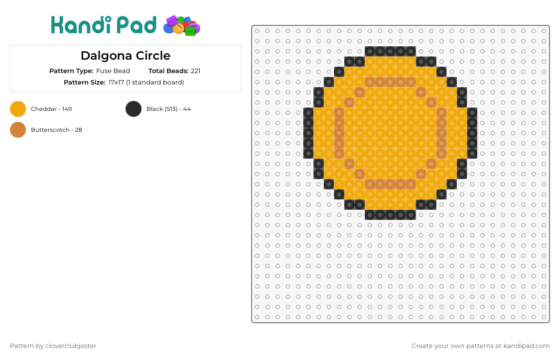 Dalgona Circle - Fuse Bead Pattern by cloverclubjester on Kandi Pad - dalgona,squid game,cookie,candy,coin,tv show,orange,yellow