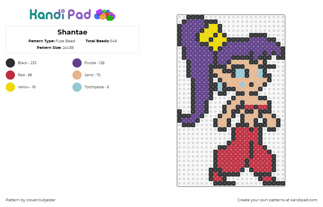 Shantae - Fuse Bead Pattern by cloverclubjester on Kandi Pad - shantae,genie,character,video game,red,tan,purple