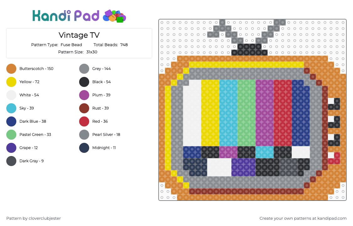 Vintage TV - Fuse Bead Pattern by cloverclubjester on Kandi Pad - gray,red,yellow,orange
