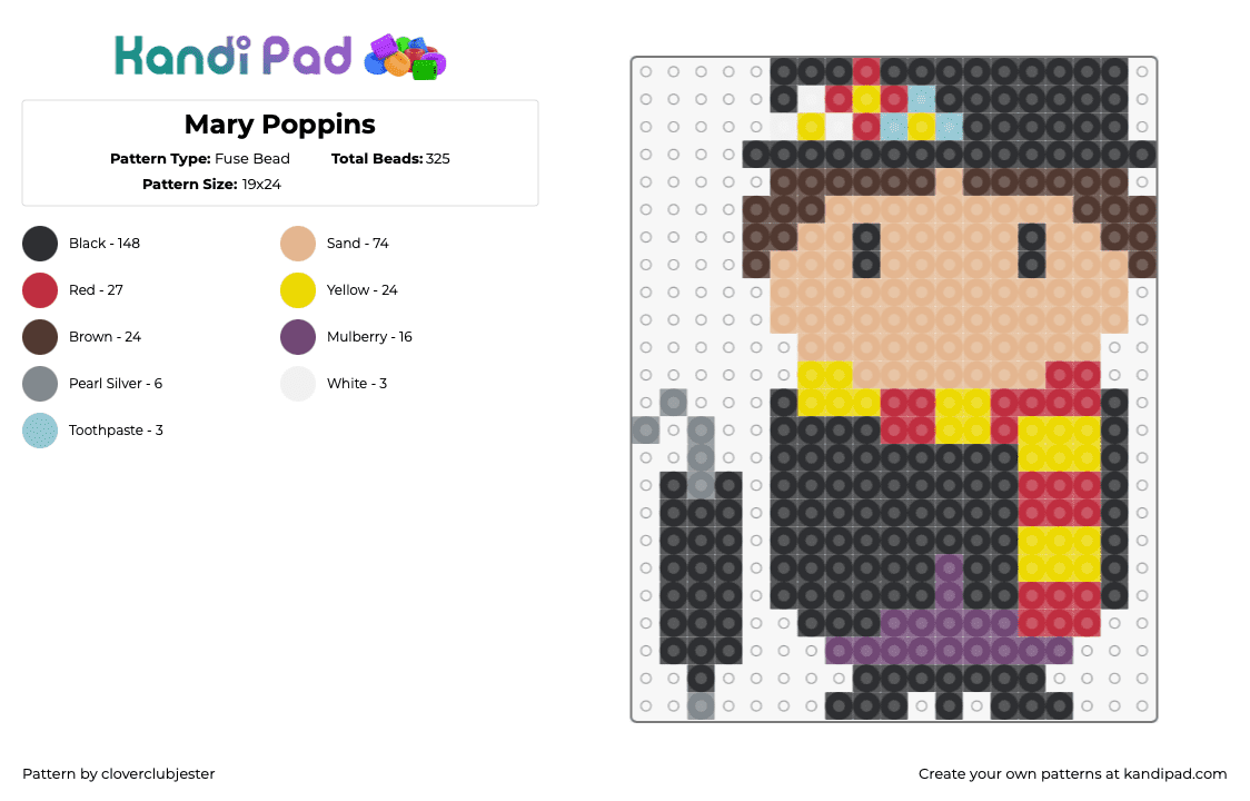 Mary Poppins - Fuse Bead Pattern by cloverclubjester on Kandi Pad - mary poppins,scarf,classic,movie,character,tan,black,yellow