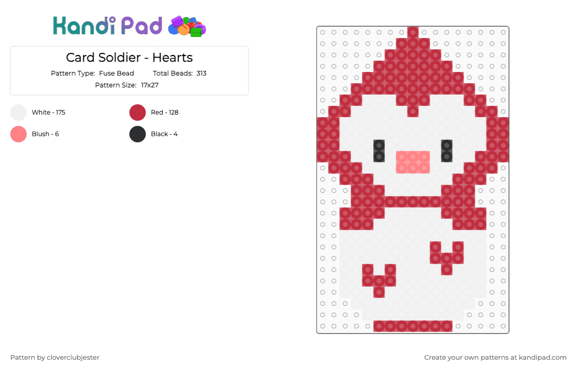 Card Soldier - Hearts - Fuse Bead Pattern by cloverclubjester on Kandi Pad - red,white