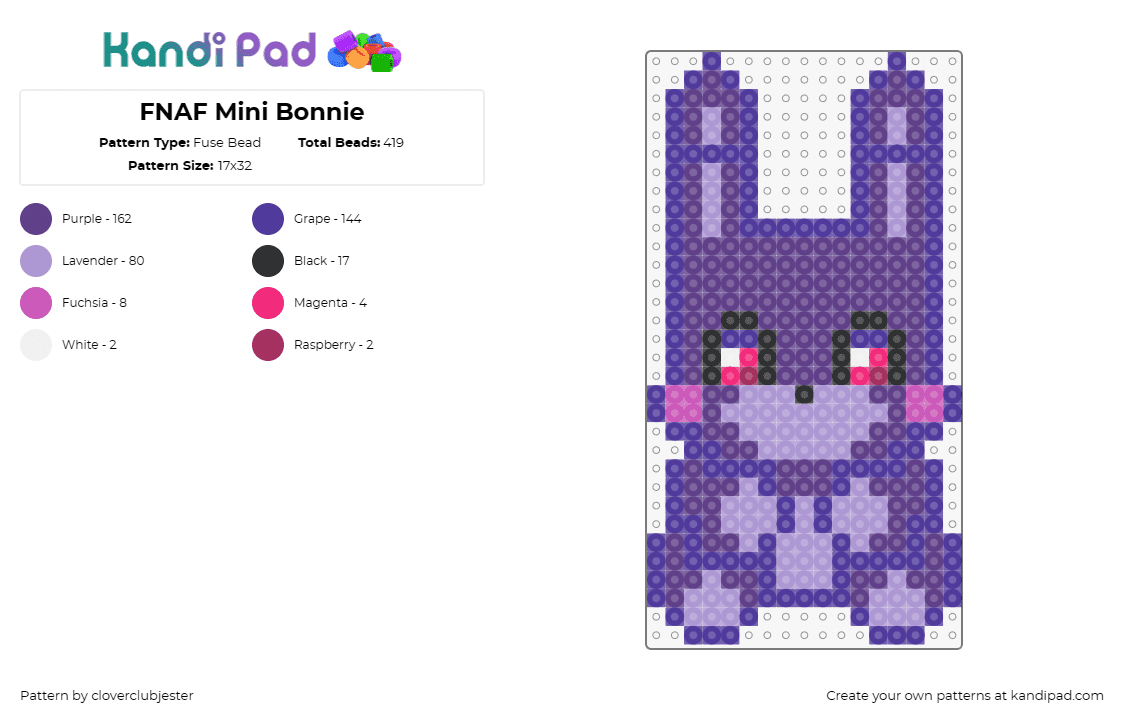 FNAF Mini Bonnie - Fuse Bead Pattern by cloverclubjester on Kandi Pad - bonnie,fnaf,five nights at freddys,video game,teddy,cute,character,horror,purple