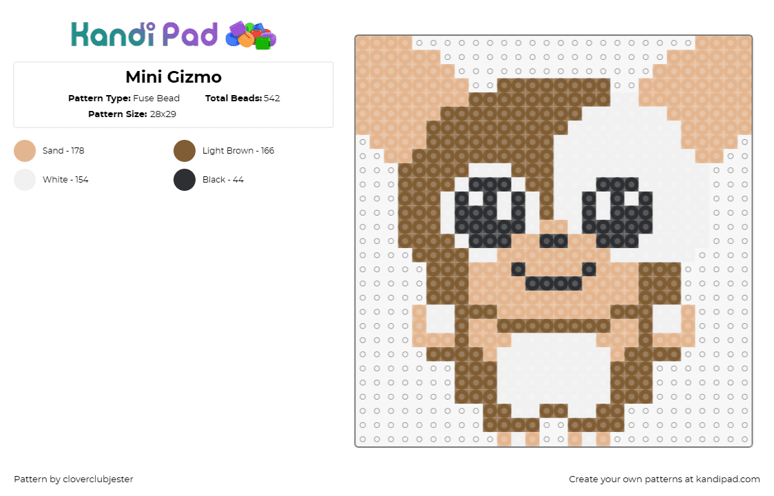 Mini Gizmo - Fuse Bead Pattern by cloverclubjester on Kandi Pad - gizmo,gremlins,mogwai,cute,character,movie,classic,brown,white,tan