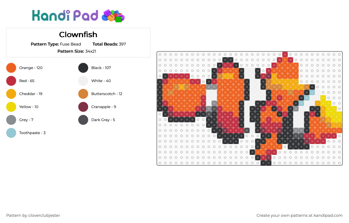 Clownfish - Fuse Bead Pattern by cloverclubjester on Kandi Pad - red,orange