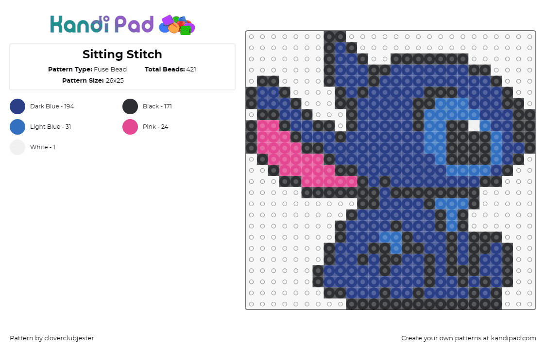 Sitting Stitch - Fuse Bead Pattern by cloverclubjester on Kandi Pad - stitch,disney,lilo and stitch,cute,character,movie,blue