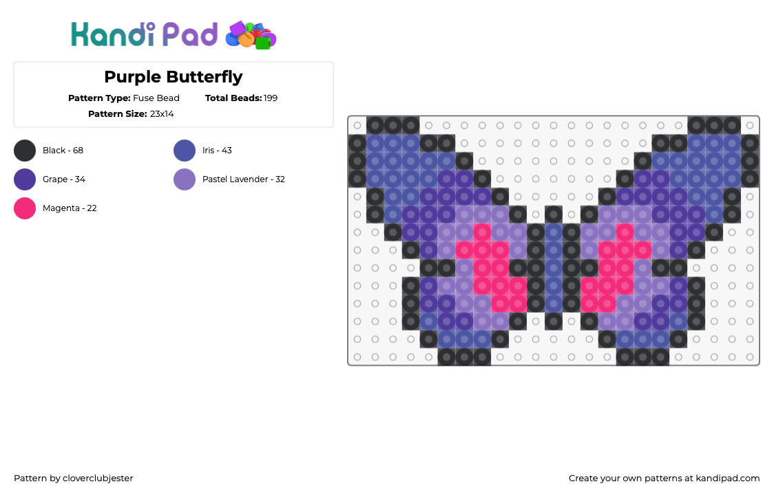 Purple Butterfly - Fuse Bead Pattern by cloverclubjester on Kandi Pad - butterfly,insect,winged,purple,pink