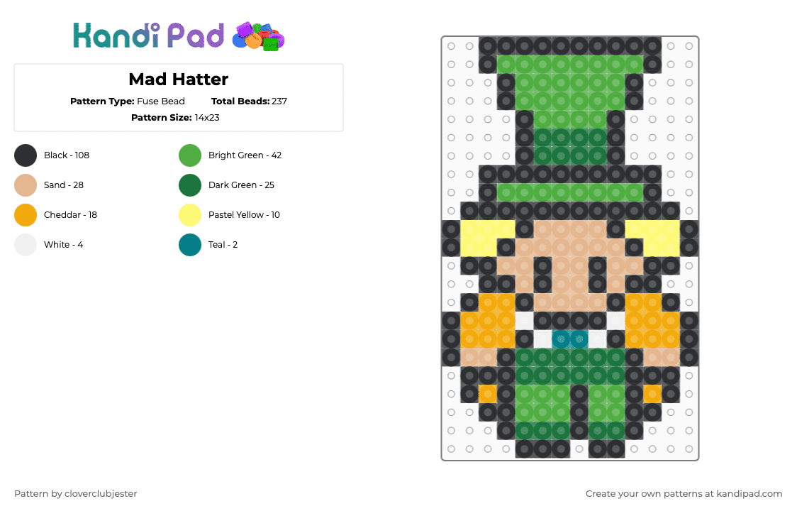 Mad Hatter - Fuse Bead Pattern by cloverclubjester on Kandi Pad - black,beige,green