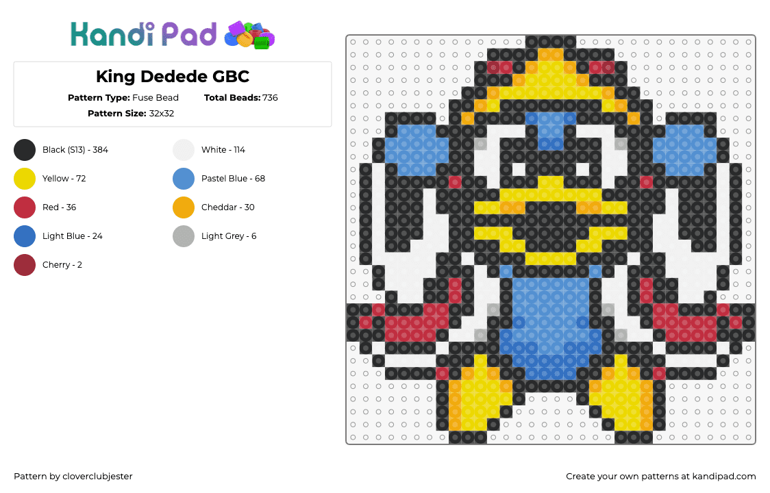 King Dedede GBC - Fuse Bead Pattern by cloverclubjester on Kandi Pad - king dedede,kirby,nintendo,character,video game,penguin,blue,yellow,white