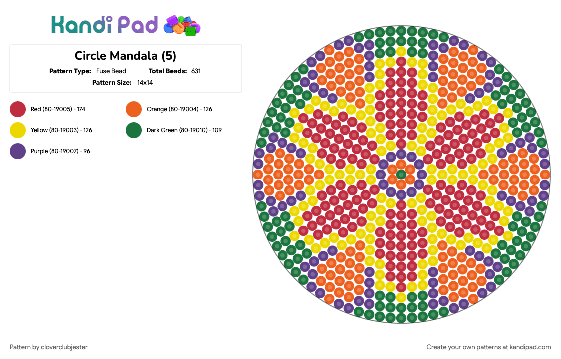 Circle Mandala (5) - Fuse Bead Pattern by cloverclubjester on Kandi Pad - orange, red, yellow