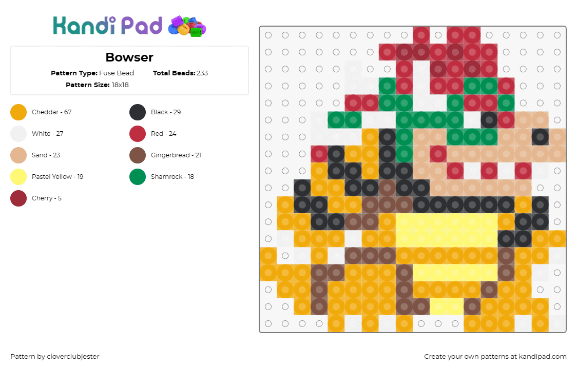 Bowser - Fuse Bead Pattern by cloverclubjester on Kandi Pad - bowser,mario,villain,nintendo,character,video game,yellow,red