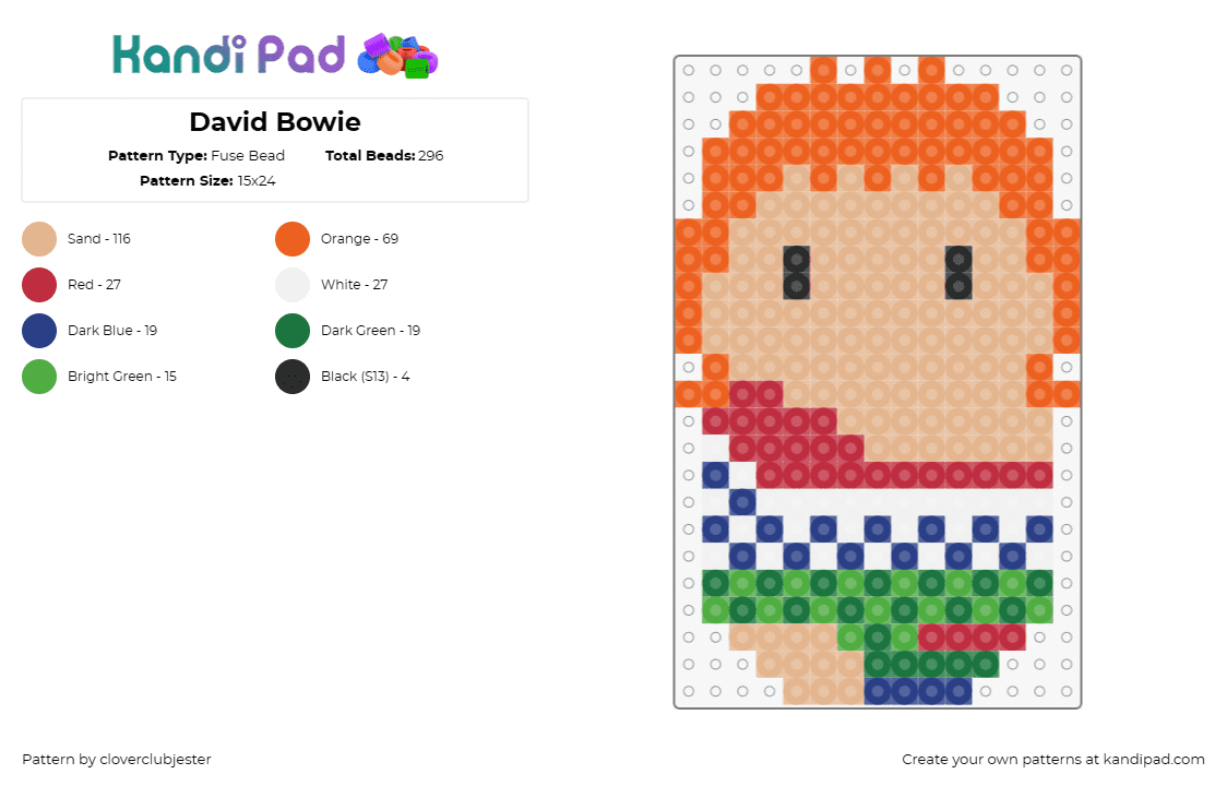 David Bowie - Fuse Bead Pattern by cloverclubjester on Kandi Pad - david bowie,music,artist,weeble wobble,tan,orange,green