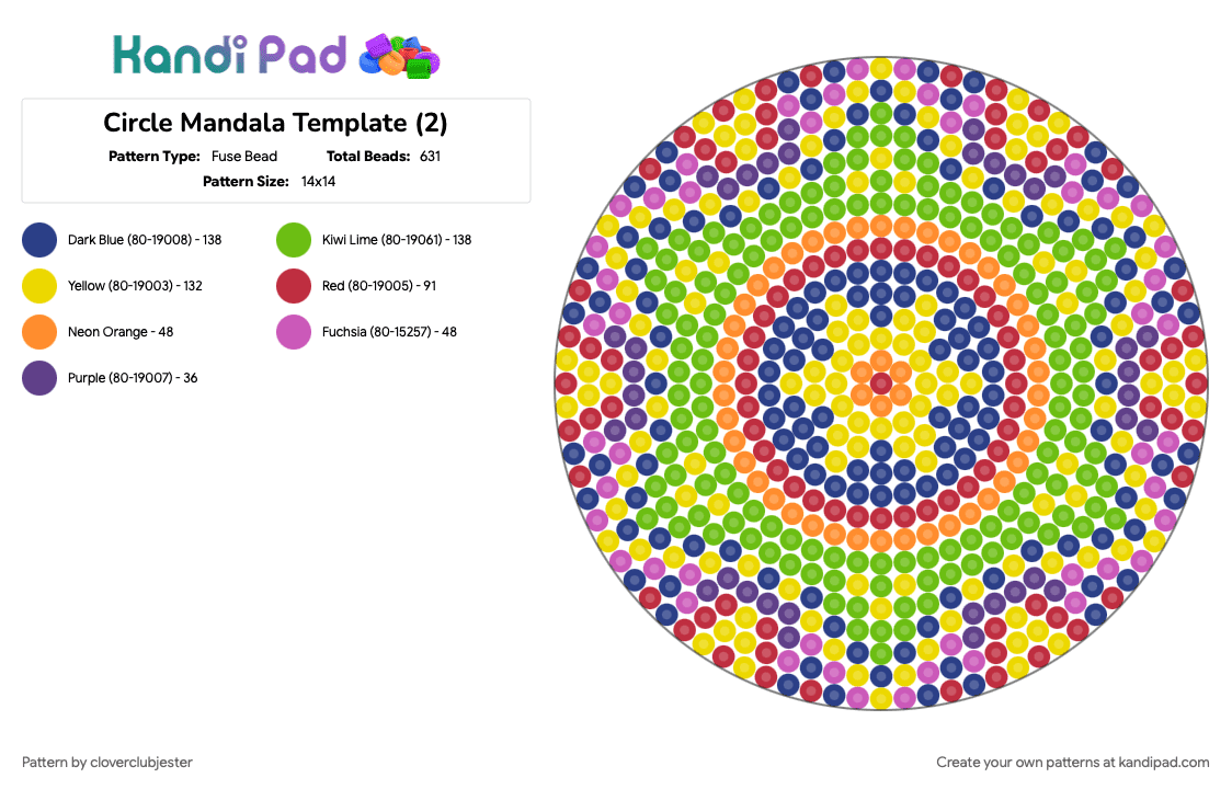 Circle Mandala Template (2) - Fuse Bead Pattern by cloverclubjester on Kandi Pad - blue, green, red, yellow