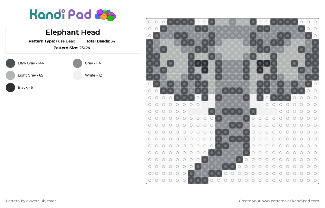 Elephant Head - Fuse Bead Pattern by cloverclubjester on Kandi Pad - gray