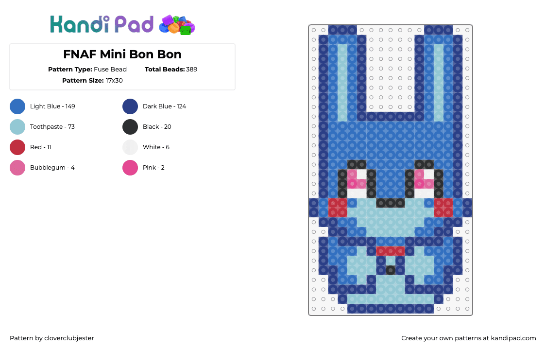 FNAF Mini Bon Bon - Fuse Bead Pattern by cloverclubjester on Kandi Pad - bonnie,fnaf,five nights at freddys,cute,teddy,video game,character,horror,blue,light blue