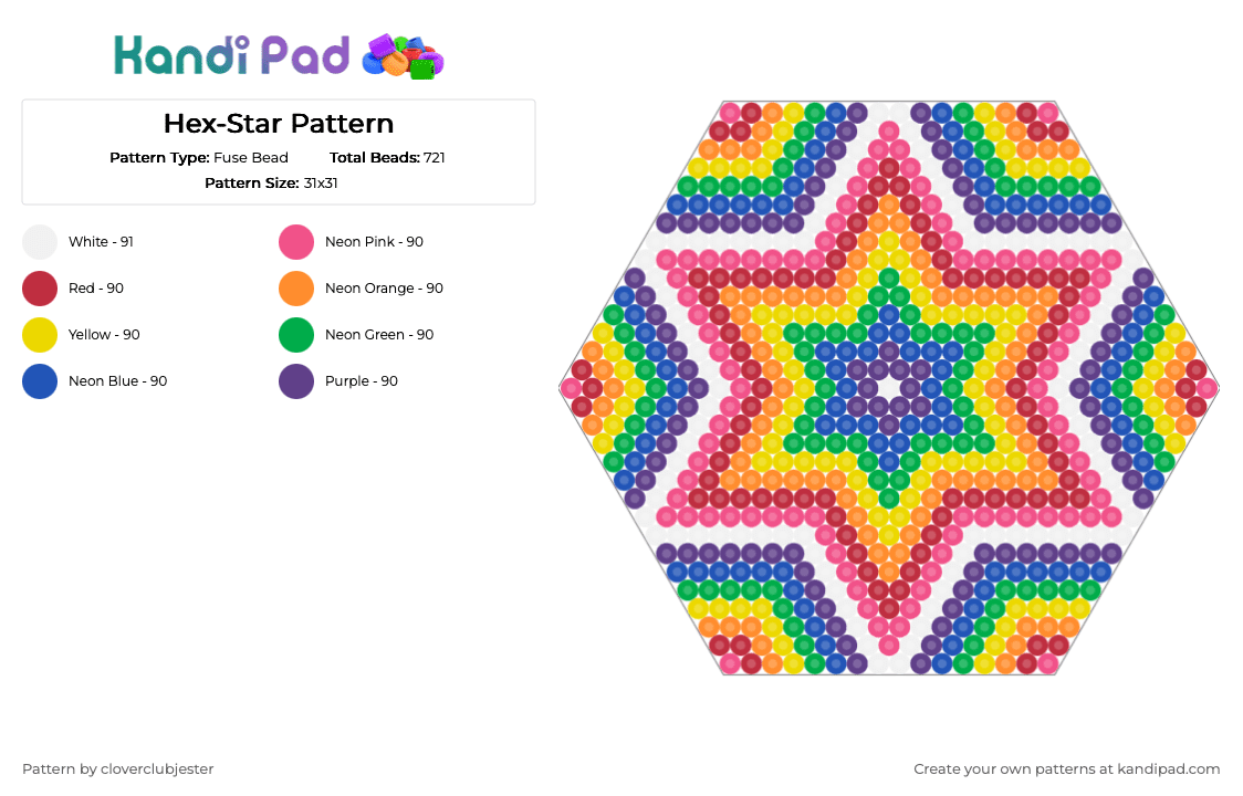 Hex-Star Pattern - Fuse Bead Pattern by cloverclubjester on Kandi Pad - red,yellow,blue,colorful