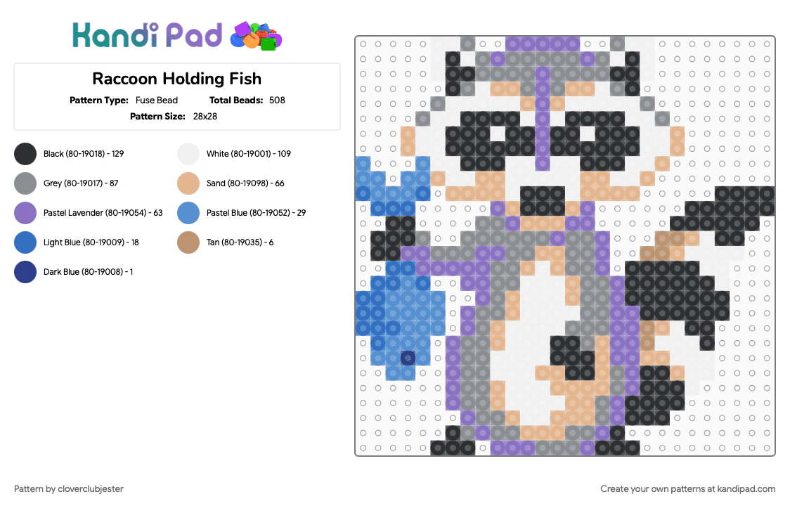 Raccoon Holding Fish - Fuse Bead Pattern by cloverclubjester on Kandi Pad - beige, blue, gray